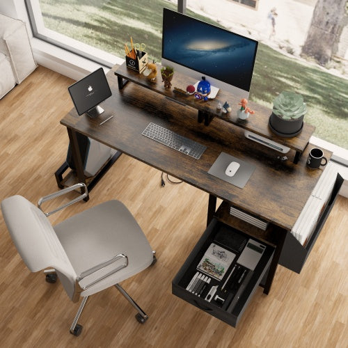 Computer Desk With Drawer And Power Outlets, 47 Office Desk With 2 Monitor Stands And Fabric File Cabinet, Writing Gaming Table With Shelves And Hooks For Home Office, Rustic Brown