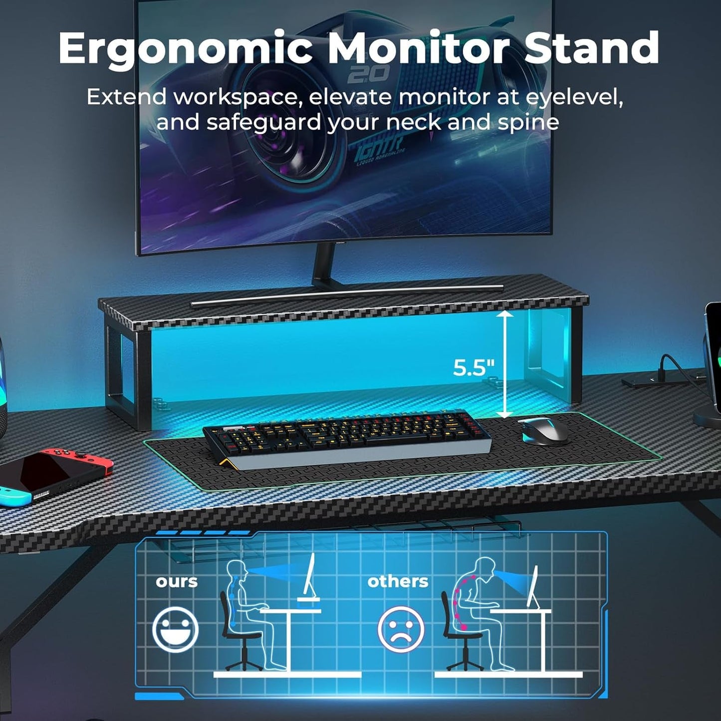 Gaming Desk with LED Lights & Power Outlets, 55 Inch Computer