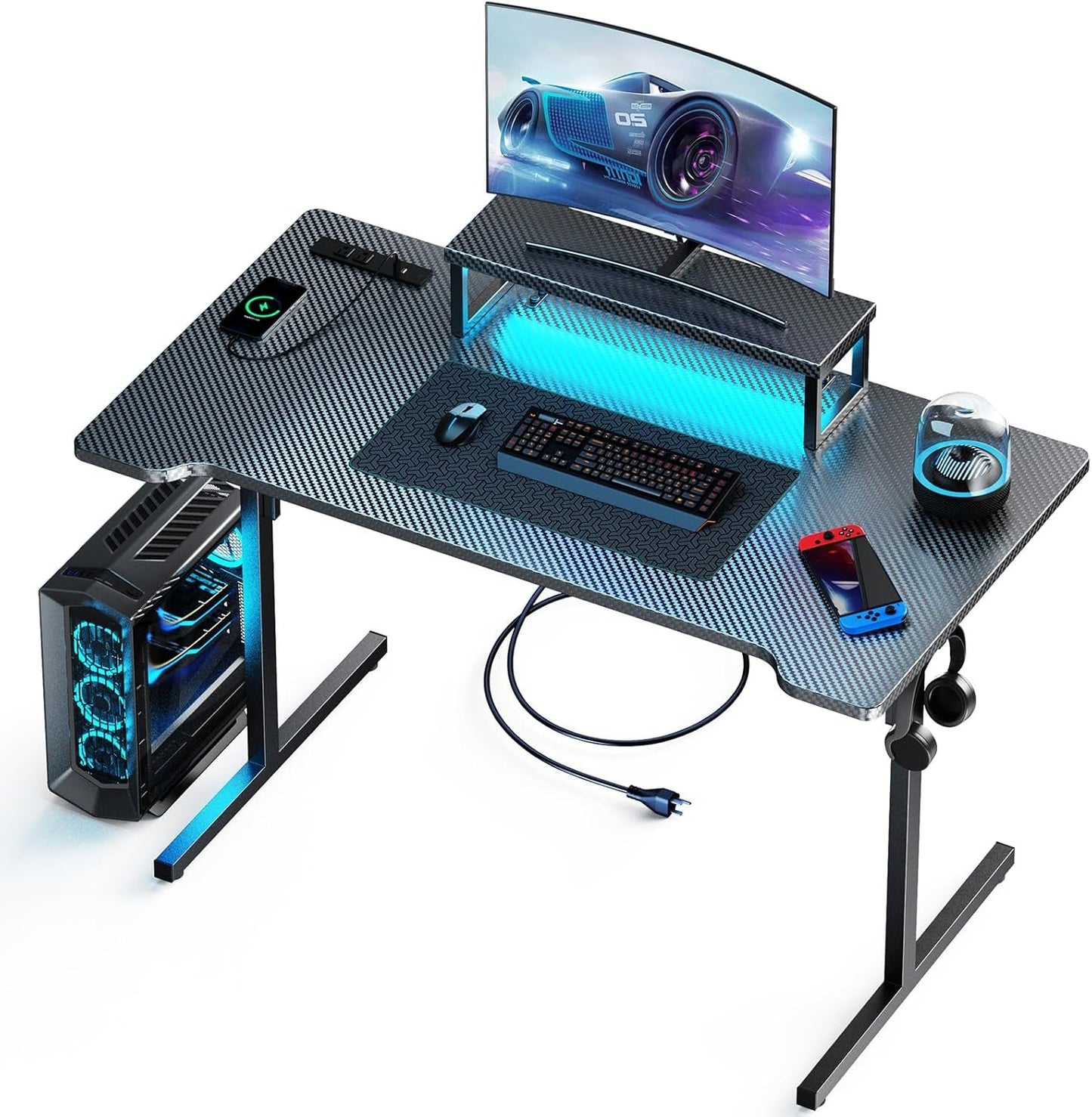 Gaming Desk with LED Lights & Power Outlets, 55 Inch Computer