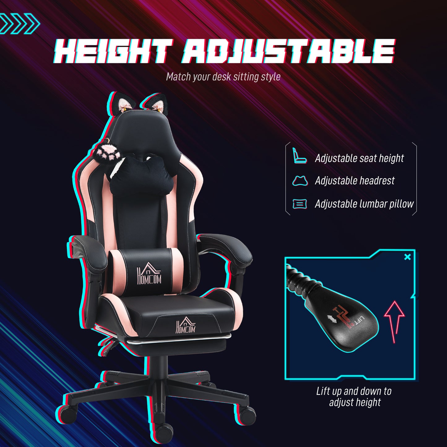 Racing Gamer Chair, Faux Leather Gaming Chair With Footrest, Headrest And Lumbar Support, Black