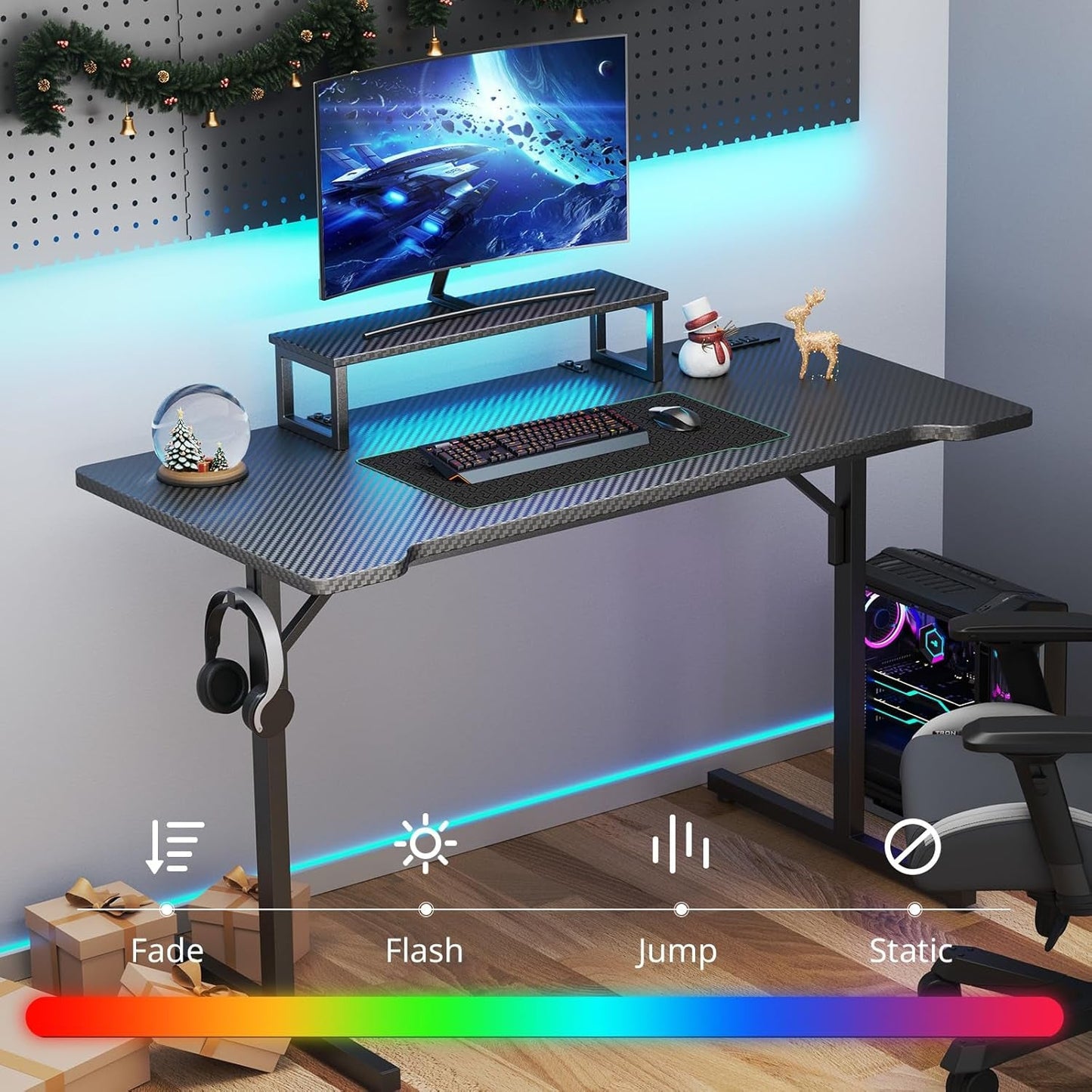Gaming Desk with LED Lights & Power Outlets, 55 Inch Computer