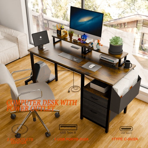 Computer Desk With Drawer And Power Outlets, 47 Office Desk With 2 Monitor Stands And Fabric File Cabinet, Writing Gaming Table With Shelves And Hooks For Home Office, Rustic Brown